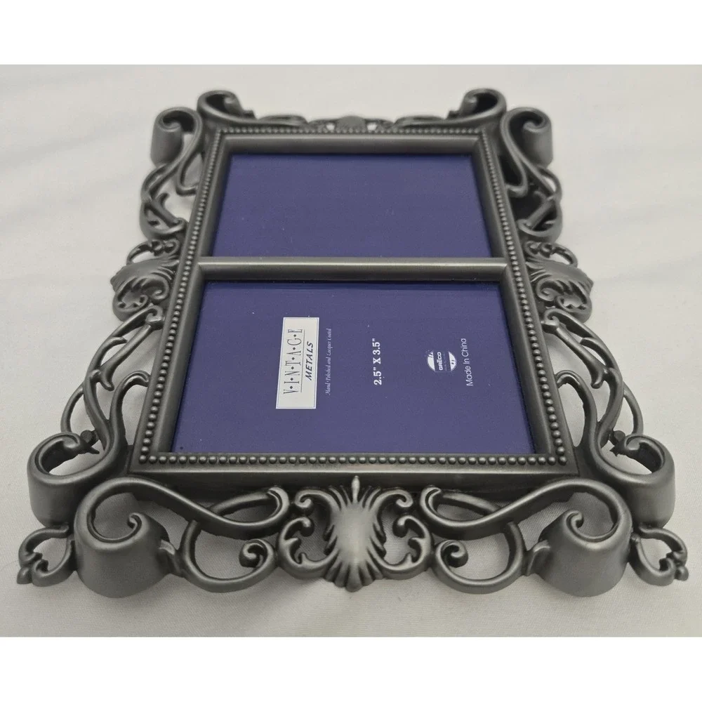 Orna Metals Antique-Style Ornate Pewter Double Photo Frame Scrollwork Design